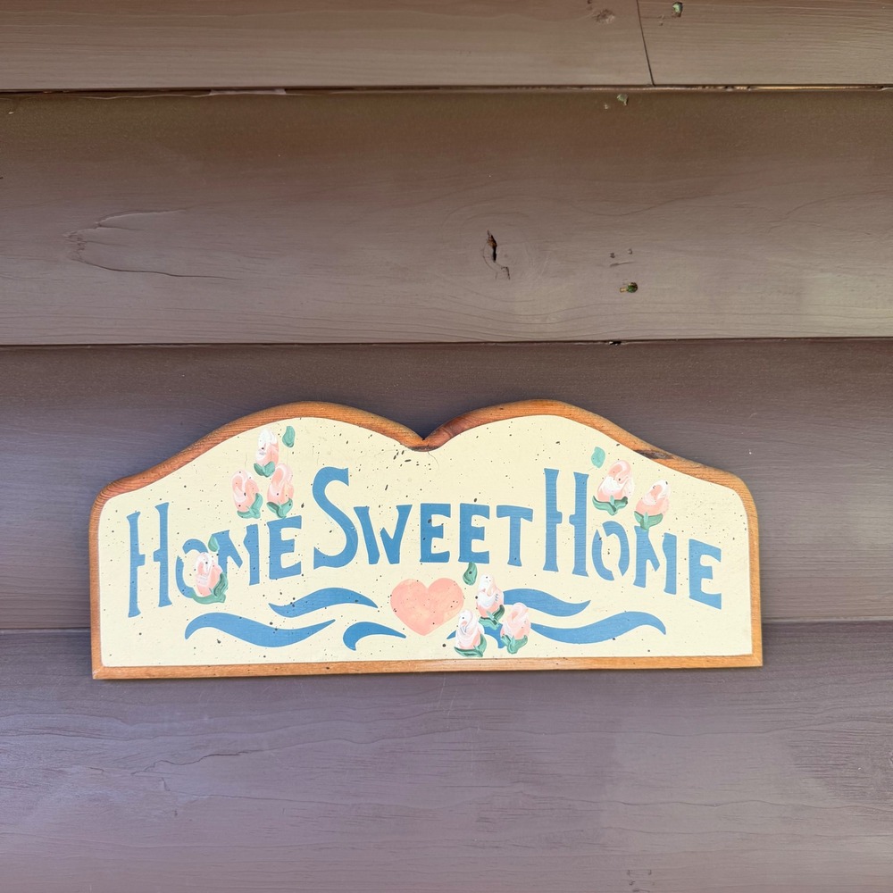 Hand Painted Wood Home Sweet Home Wall Sign Blue Pink Cream Rustic Folk Art